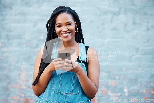 Image of Happy black woman, portrait smile and phone in communication, texting and social media outdoors. African female smiling for 5g connection in Canada on mobile smartphone messaging in happiness outside