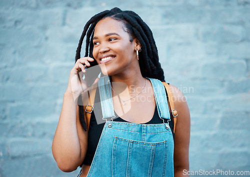 Image of Happy black woman, phone call and smile in communication, talking and conversation in the outdoors. African female smiling, mobile smartphone discussion for wireless 5g connection in the Philippines