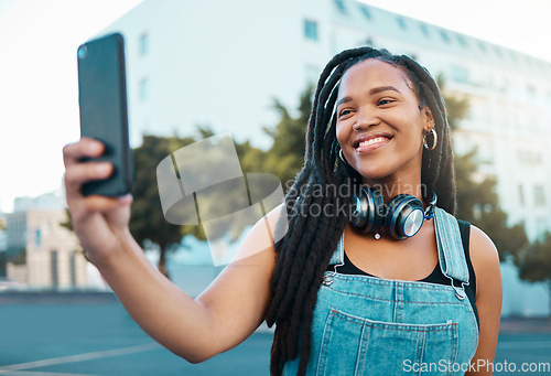 Image of Happy young black woman in city, selfie video call on smartphone and New York wifi 5g connection. Digital technology, african girl smile on street and online mobile ux in cool urban lifestyle