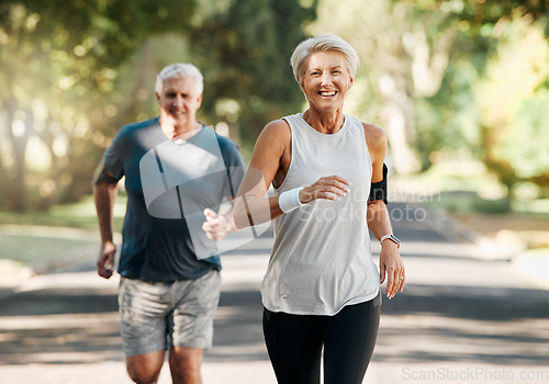 Image of Retirement, couple and running fitness health for body and heart wellness with natural ageing. Married, mature and senior people enjoy nature run together for cardiovascular vitality workout.