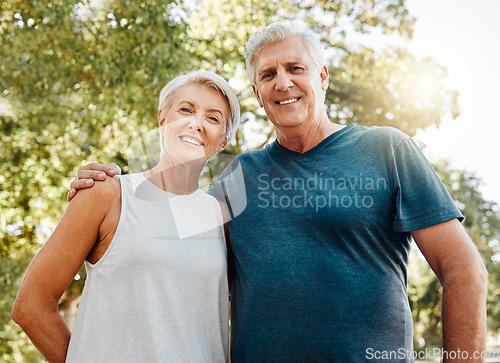 Image of Old couple, hug and nature portrait smile outdoors, park or outside on break after running, walk or exercise. Health, workout and elderly man and woman, walking or spend quality fitness time together