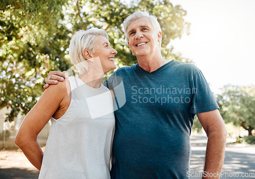 Image of Senior couple smile after running for exercise, fitness and health in retirement together. Elderly runners rest after workout, doing low impact cardio run and sports training to stay healthy in life