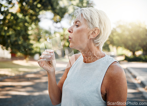 Image of Senior woman blowing dandelion flower outdoors for freedom, hope and spring allergies environment. Elderly retirement lady holding plant for wellness, healthy lifestyle and pollen allergy in nature