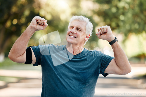 Image of Running, senior man and success celebration in nature, park or outdoors after winning, target or goal achievement. Workout, sports and health exercise runner, fitness training or marathon race win.