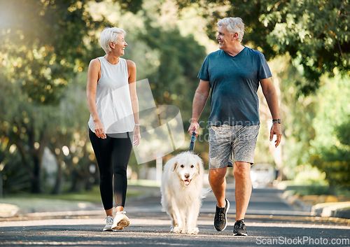 Image of Retirement, fitness and walking with dog and couple in neighborhood park for relax, health and sports workout. Love, wellness and pet with old man and senior woman in outdoor morning walk together