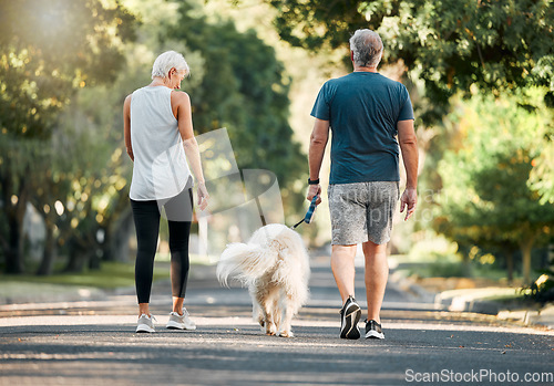 Image of Senior couple, dog walk and nature park road during exercise, walking and leisure during a stroll through the woods. Old man and woman being active for energy and living healthy with a pet outside