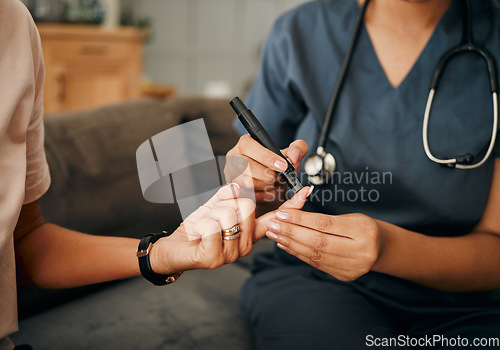 Image of Diabetes, hands of nurse and blood sugar test on patient finger in home visit. Health, healthcare and medical professional test senior diabetic woman insulin levels in house checkup for wellness.