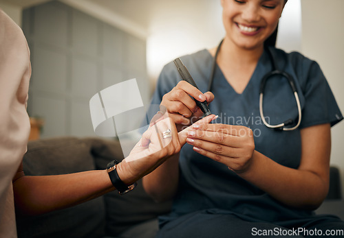 Image of Zoom of doctor, diabetes or elderly woman hands with blood test, sugar or medical test with a glucometer. Healthcare, health nurse or diabetic lady consulting on glucose wellness in living room