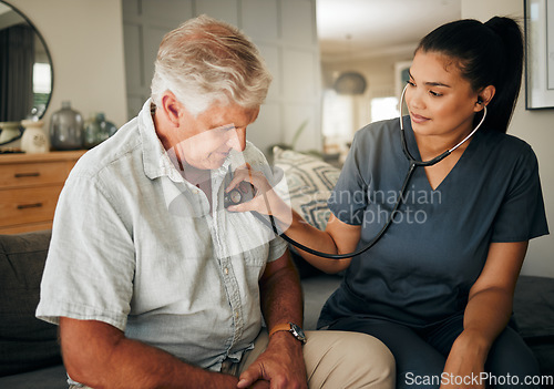 Image of Healthcare, senior man and woman nurse with stethoscope checking heart rate at retirement home. Health, care and elderly grandpa on living room sofa with lady caregiver on medical visit or house call