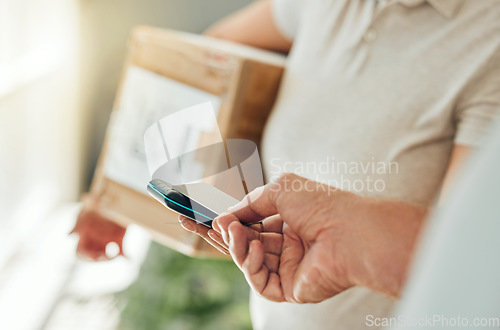 Image of Delivery man hand, credit card or fintech payment for courier, online shopping or commerce service with ecommerce or safe distribution industry. Zoom of 5g e-commerce, tech sale or digital shipping