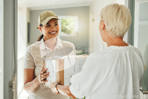 Image of Delivery, customer and courier with box at door for shipping, ecommerce and online shopping cargo. Supply chain, logistics and supplier with employee and package service with old woman at home