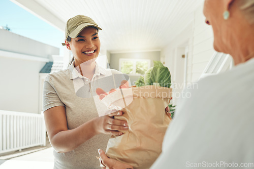 Image of Woman, smile and grocery delivery for old woman from supermarket. Health, shopping and female with elderly lady customer at home entrance, healthy food and groceries bag from retail store courier.