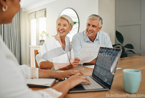 Image of Retirement, savings and couple planning finance, insurance and investments in living room. Man and woman and seniors communication, talking and discuss wealth with internet banking and laptop at home