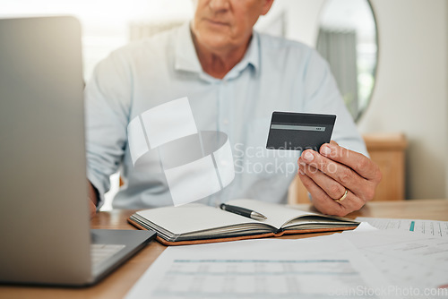 Image of Credit card, online shopping senior man or banking with laptop, internet or web for audit, bills or tax payment at home. Elderly with ecommerce for shopping, trading or retirement investment planning