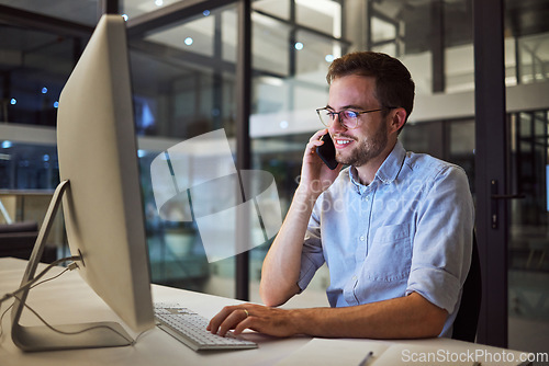 Image of Phone call, night office and computer businessman talking, communication and discussion for networking, planning deal and vision. Male employee mobile conversation, desktop and ideas in dark company