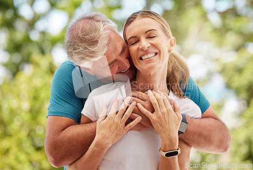 Image of Garden, marriage and retirement couple hug for love and affection in caring relationship together. Romantic, happy and elderly new zealand people smile enjoying embrace in nature for leisure break.