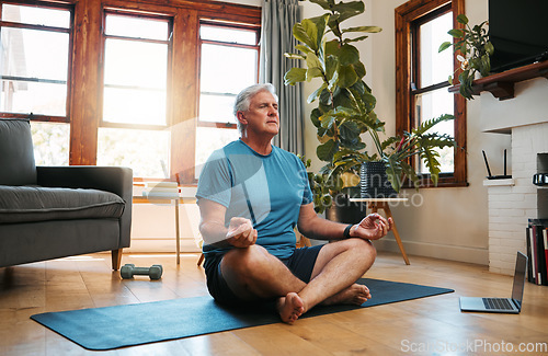 Image of Senior man, yoga meditation and home workout in lotus pose for fitness, peace and zen energy. Calm mindset, focus wellness and healthy retirement on living room floor for balance, breathing and relax