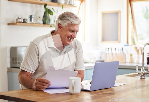 Image of Senior man, smile and laptop working in kitchen getting good news about income, investments or insurance at home. Happy elderly male investor reading email on computer for planning online retirement