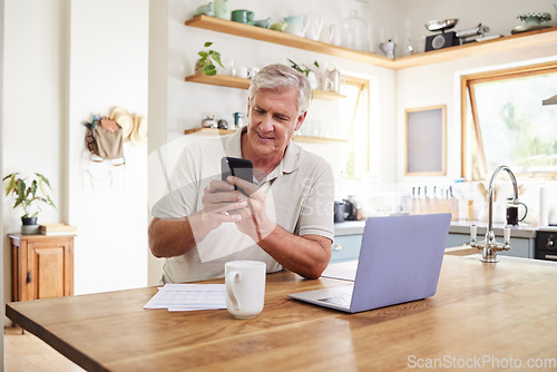 Image of Senior man, phone and retirement budget in home kitchen for digital banking application, investment planning and fintech savings. Elderly person smartphone investing, finance management and insurance