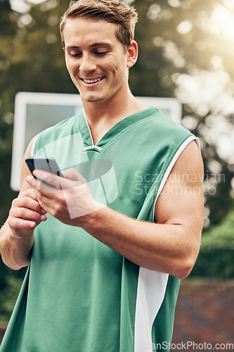 Image of Health, fitness and man with phone on social media apps and browsing internet with smile, relax and calm outside. Happy, trainer or male on cellphone to look for exercise for training or workout