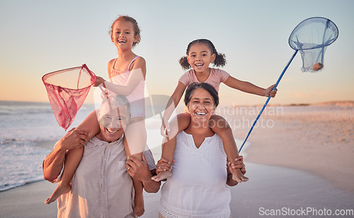 Image of Children, grandparents and fishing with a family on the beach during summer for holiday, vacation or travel. Kids, happy and ocean with a senior man, woman and their grandkids by the sea at sunset