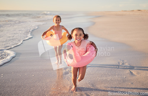 Image of Girls running, kids and beach holiday, vacation or summer trip in Mexico. Travel, portrait and children on sandy ocean sea shore having fun, excited and happy smile together trying to catch waves.