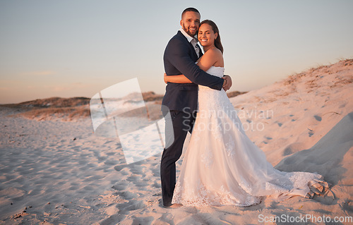 Image of Wedding, couple and bride with groom at a beach in Cancun, Mexico in celebration of love, trust and marriage. Smile, romance and happy woman hugging her partner enjoying a special day and commitment
