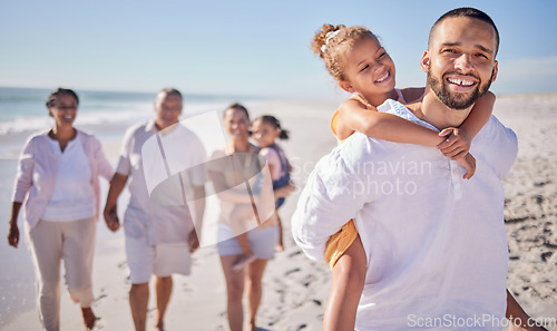 Image of Happy, beach and father carrying his child while on family walk in sand while on vacation. Grandparents, parents and children with smile in nature by ocean together while on holiday in south africa.