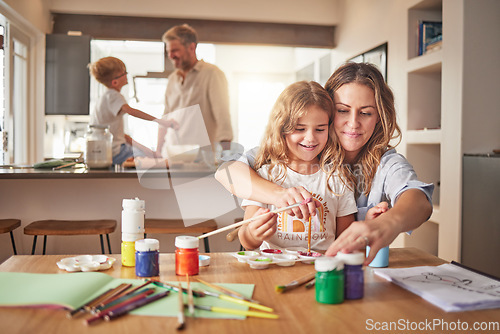 Image of Family home, painting and cooking with mother, father and children learning, creative development and holiday fun education. Happy girl with mom doing watercolor art book and breakfast in kitchen