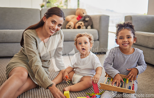 Image of Mother, baby and child on carpet for education, learning and teaching in their living room home with happy portrait. Young mom from Mexico with kids play time, mindset growth development with puzzle