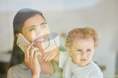 Image of Mom, phone call or bond with boy in house lockdown, family communication or social contact networking in home quarantine. Happy smile or excited mother with baby son, child or kid on mobile in Turkey