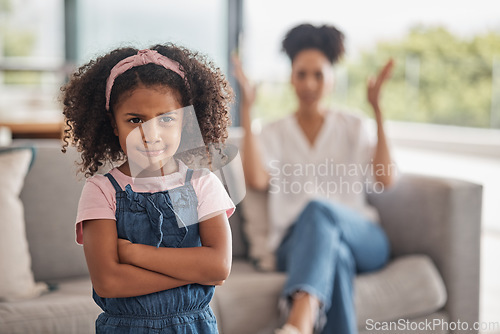 Image of Fight, family and angry mother and child in conflict, argument or disagreement in home living room. Frustrated, ignore and black family problem for mom, youth kid or girl in unhappy mood