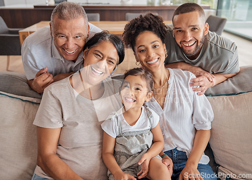 Image of Happy family of couple, grandparents and child on sofa in living room happy for love, care and reunion at family home. Big family or people bonding together, excited and happiness sit in house lounge