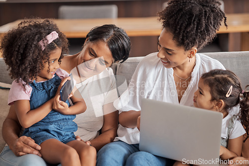 Image of Women, children and sofa with laptop, phone and girl to play games, education or learning online. Mom, grandma and female kids in living room, smartphone and computer for fun, video or class on web