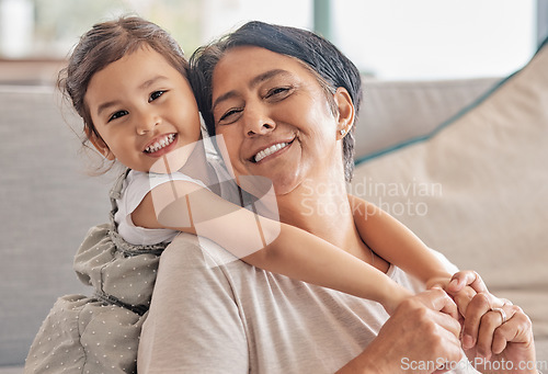 Image of Girl, grandma and sofa smile for love in bonding time together in home on holiday. Grandmother, kid and living room care, happiness and time as family in happy moment on couch in living room