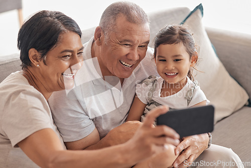 Image of Family, grandparents and selfie on smartphone with child happy and excited to bond with relatives. Phone photograph for senior grandmother and grandpa babysitting grandchild in Mexico home.