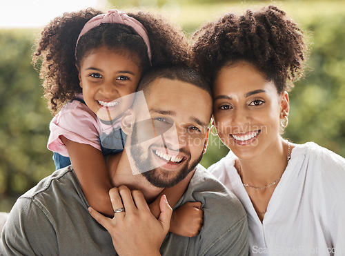 Image of Portrait of black family, mom, dad and girl having fun and smiling. Mother and father posing with daughter in the park or garden. Family, love and married couple spending time together with their kid