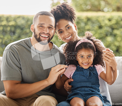 Image of Family, children and love with a girl, mother and father outside in the summer sunshine to relax in the garden together. Kids, parents and affection with a man, woman and daughter in the backyard