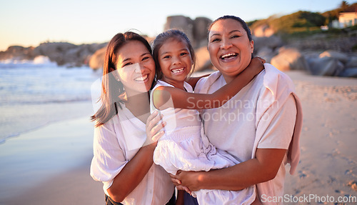Image of Family, love and children with a girl, mother and grandmother on the beach for summer vacation. Portrait, travel and nature with a senior woman, daughter and granddaughter by sea or ocean in malaysia