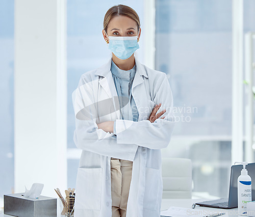 Image of Covid, face mask and woman doctor with trust, insurance help and protection to stop spread of global virus in hospital. Portrait, medical worker and healthcare employee in covid 19 safety compliance