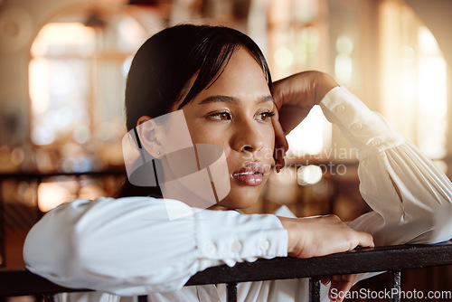 Image of Woman, stress or anxiety in cafe, restaurant or coffee shop job loss, Portugal covid lockdown and finance crisis. Burnout, depression or mental health small business owner thinking of industry future