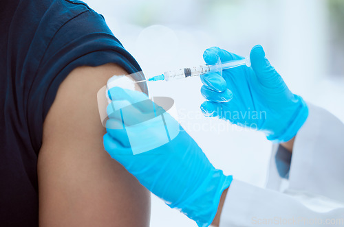 Image of Healthcare nurse and covid vaccine patient injection for virus immunity and protection in pandemic. Closeup of medical worker with coronavirus vaccination syringe for serious sickness prevention