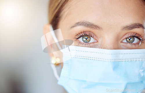 Image of Health, wellness and covid face mask of a young woman safety and head. Eye zoom of a female with nose and mouth cover for prevention and protection from coronavirus, flu and cold in a pandemic