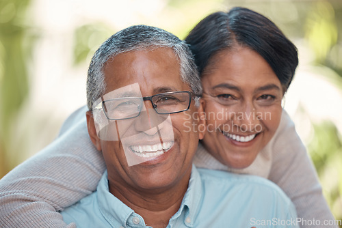 Image of Love, retirement couple and portrait hug with happy smile and romantic embrace in garden. Married, senior and latino people in relationship commitment together with care and support.