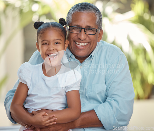 Image of Happy, smile and family portrait of a grandparent and girl with happiness outdoors. Smiling man and young child laughing together with a hug feeling love, trust and care with a blur background