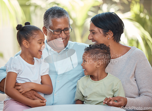 Image of Love, family and happy grandparents with children siblings bonding together on the weekend. Young retirement grandfather and grandmother relax with excited kids in garden for joyful visit.