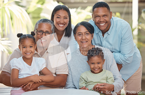 Image of Family, love and children with their parents and grandparents outdoor in the garden during a visit. Happy, care and trust with a girl, boy and their relatives bonding and looking happy outside