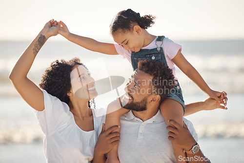 Image of Mother, man and girl together on a family sea trip and ocean with a happy smile. Happiness of mom, father and child by beach waves on a summer day spending quality time in nature having fun with love