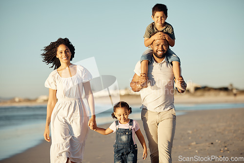 Image of Happy, beach and walking with family at sunset on holiday for love, summer and travel together. Smile, nature and sunshine with portrait of parents and children on Miami Florida vacation by the sea