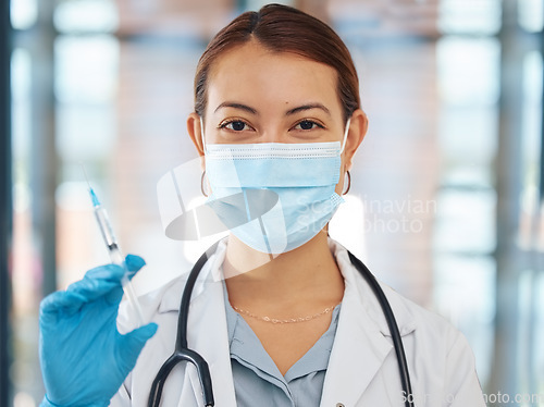 Image of Woman healthcare with covid vaccine, syringe or doctor holding needle at hospital. Girl research leader with medical innovation science, face mask or medicine, help virus solution or cancer treatment